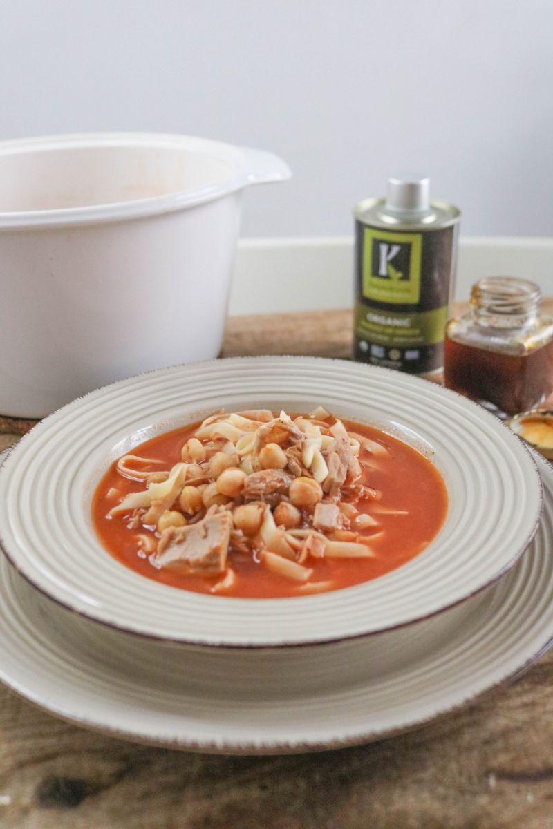 Tuna Chickpea Pasta Soup with Paprika Olive Oil