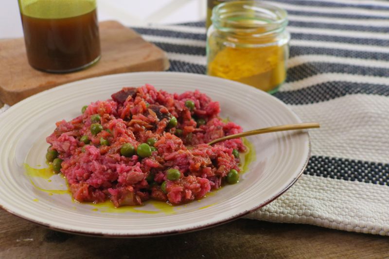 Beetroot Risotto With Peas And Turmeric Olive Oil