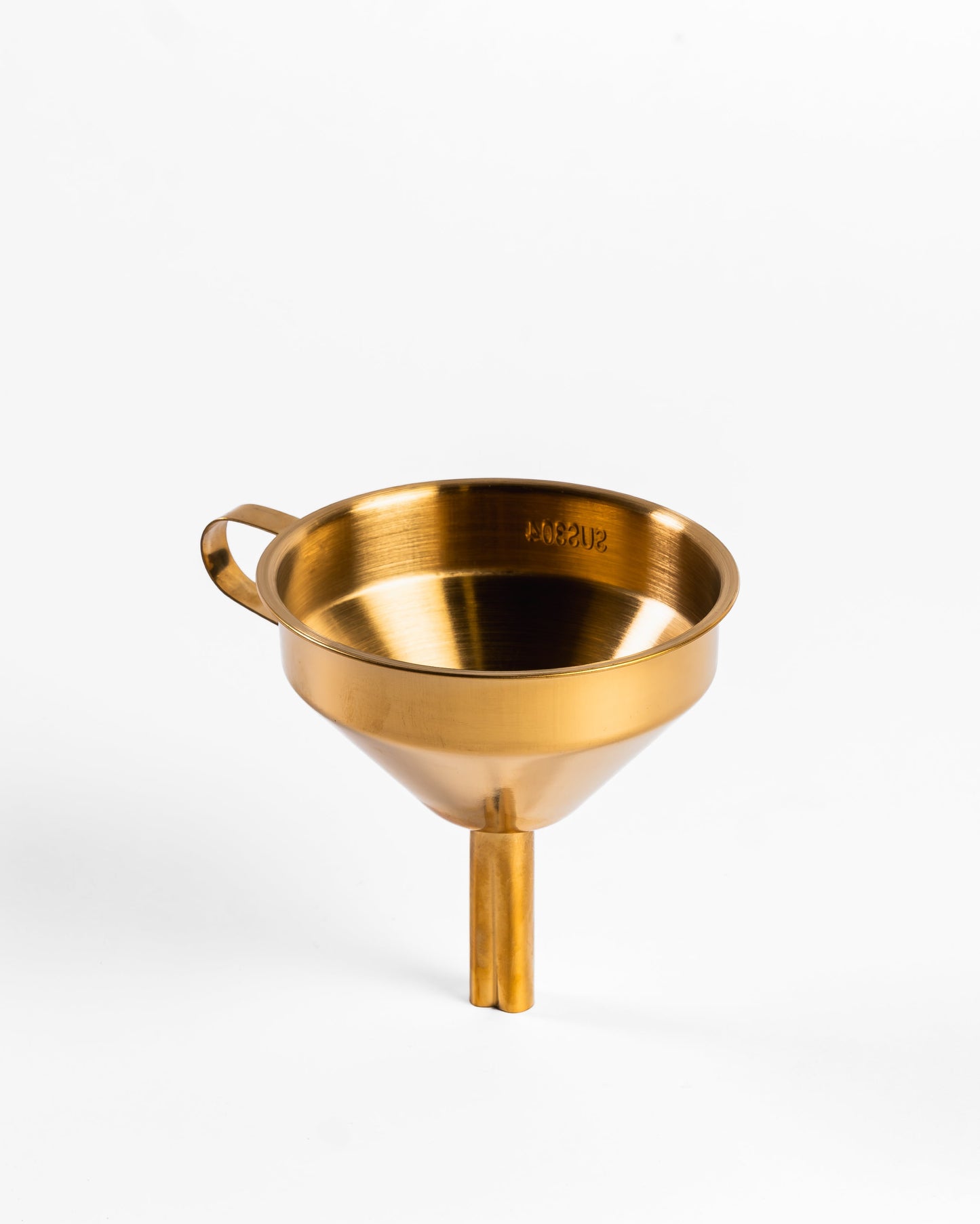 A polished stainless steel gold funnel with a side handle and a straight stem, shown on a clean white background.