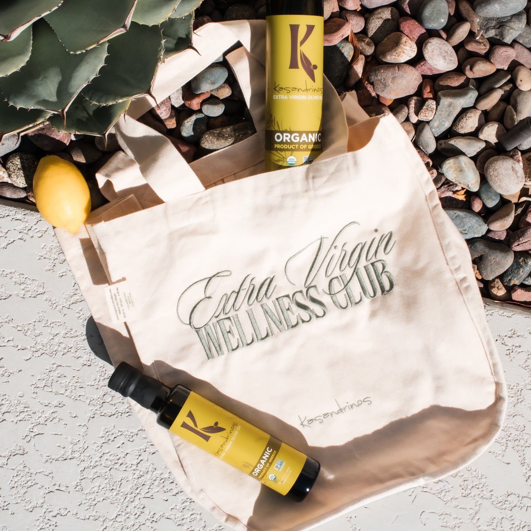 A branded tote bag with "Extra Virgin Wellness Club" embroidered on the front with pebbles and plant in the background 