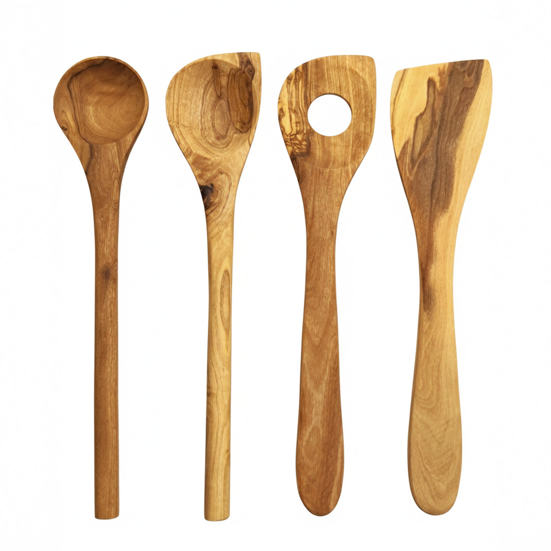 Set of four wooden spoons on a white background