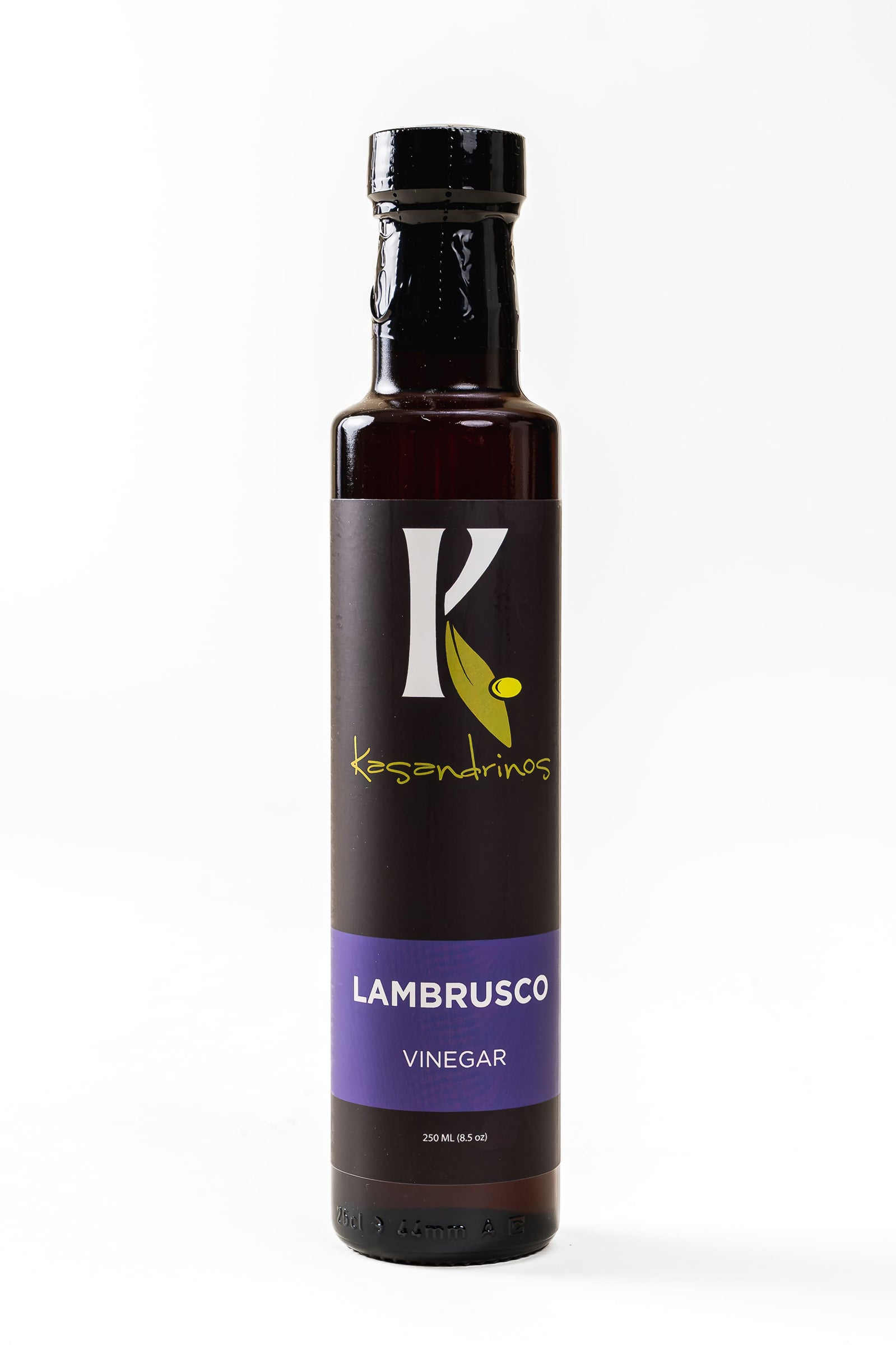 Bottle of Lambrusco vinegar with a black label on a white background