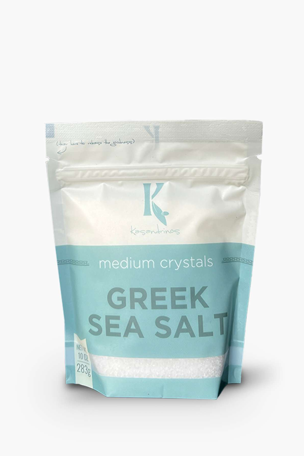 Package of Greek sea salt with a brand logo on a white background
